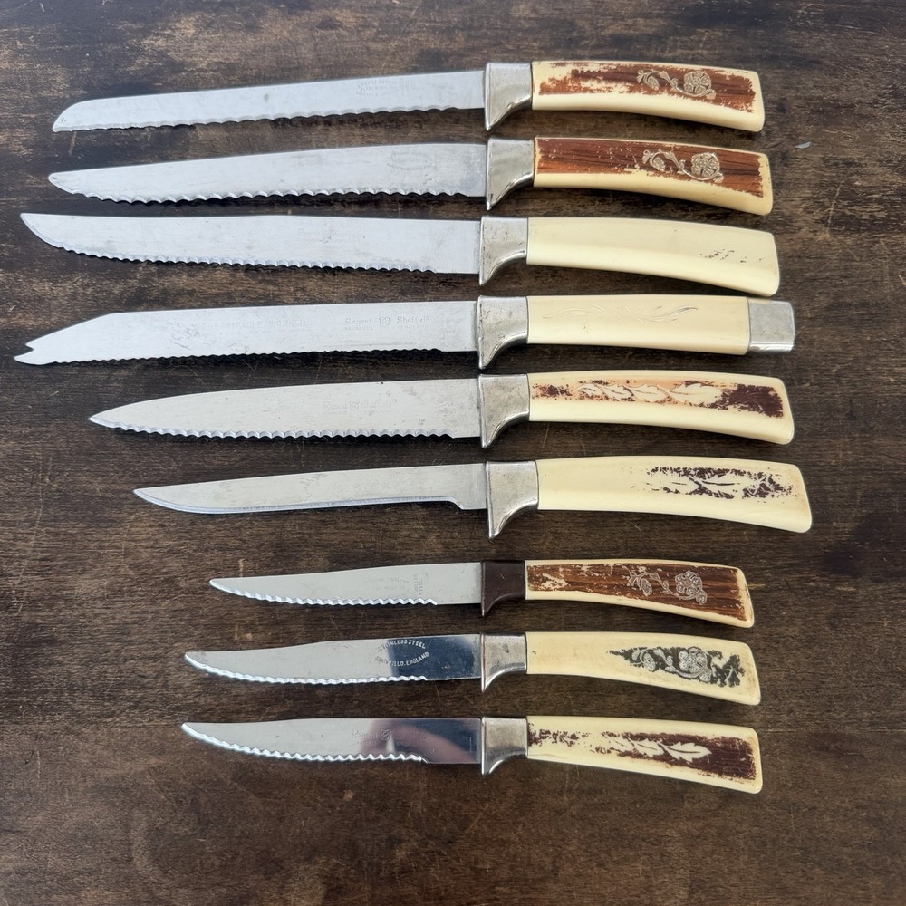 Vintage Mismatched Sheffield England Knife Lot (9 Pcs) Faux Stag Bone Handle MCM